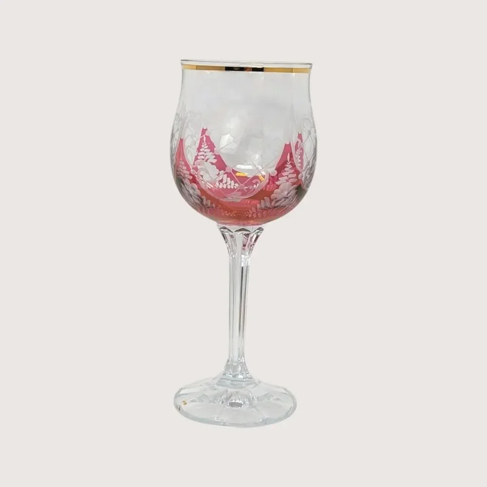 1960s Bohemian Cranberry Glass Wine Goblet Set with Gold Rim